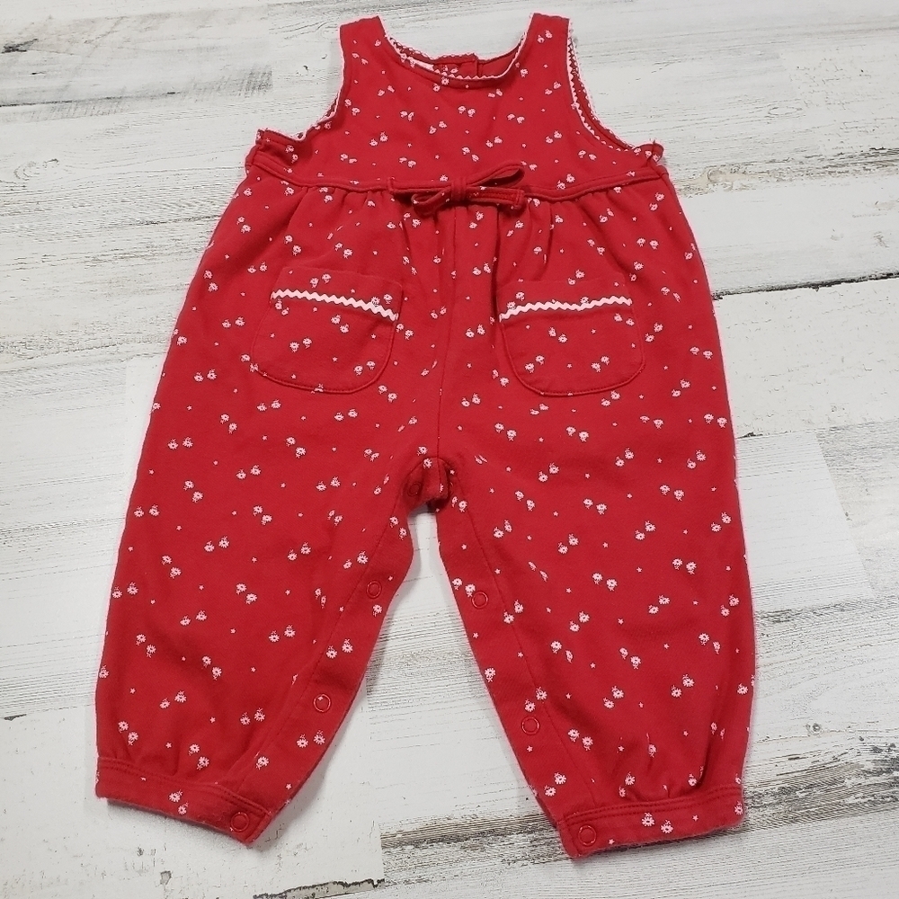 Cotton Baby Girls Red White Floral Overalls Size 12m